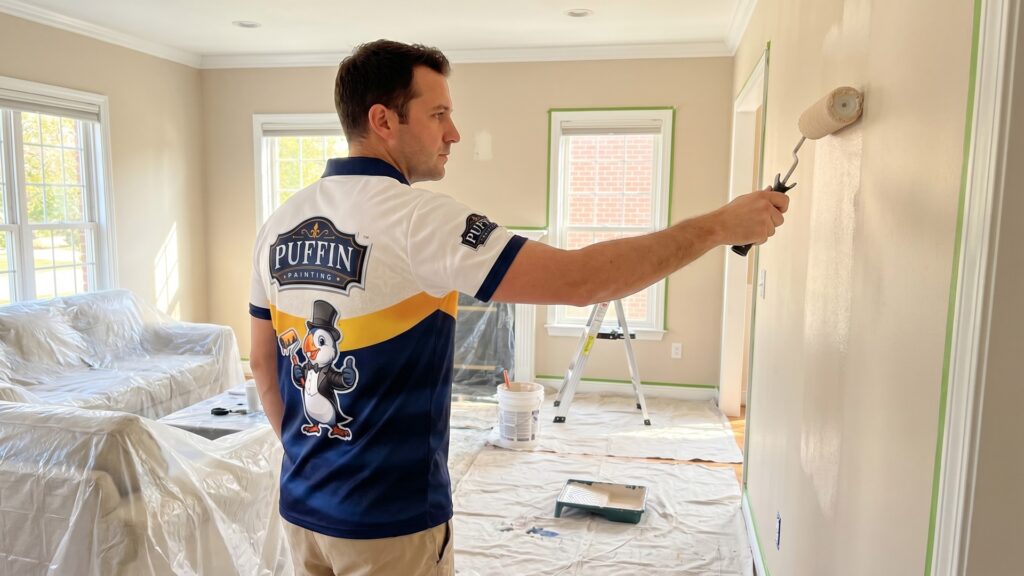 Interior house painting project photo by Puffin Painting.
